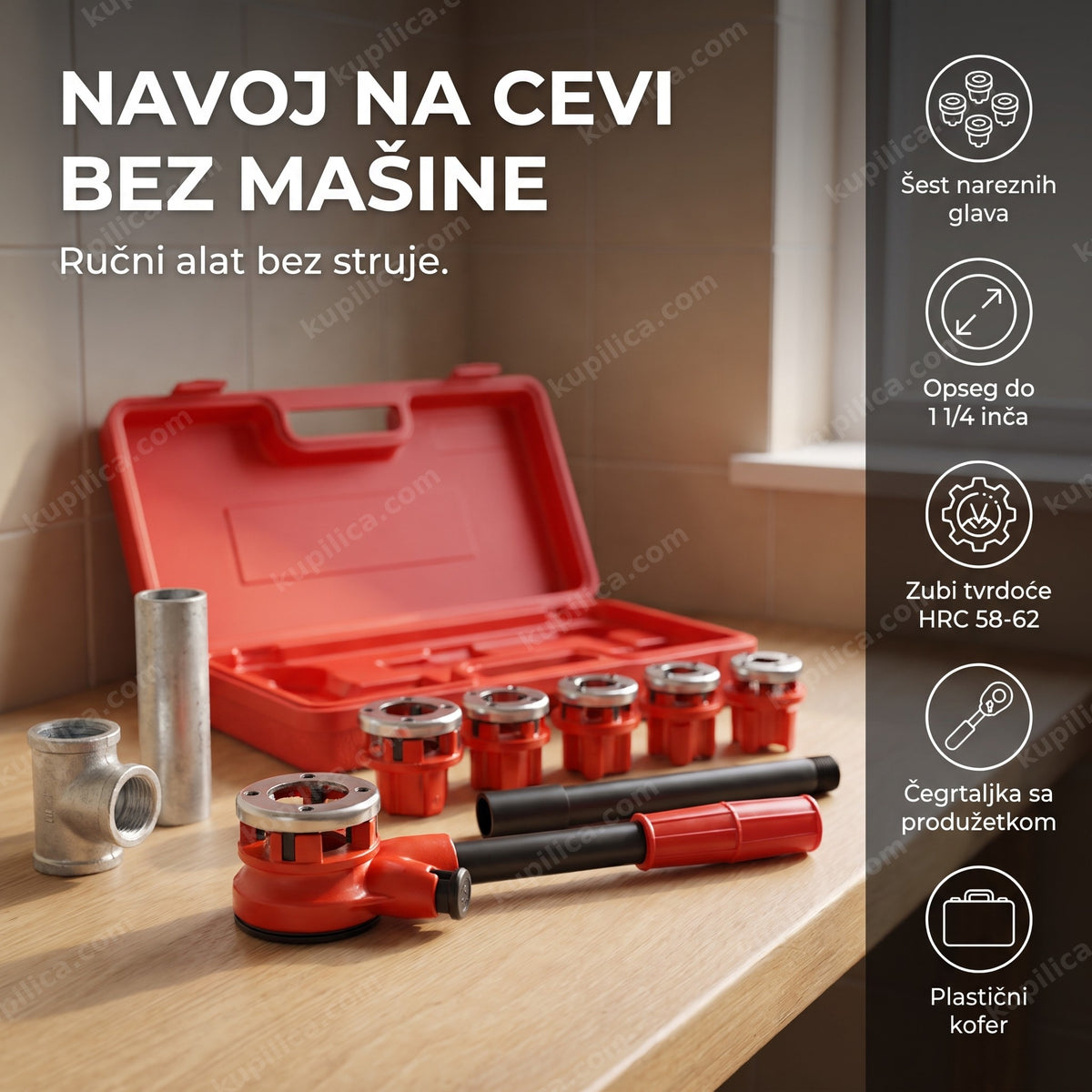 set nareznica za cevi sa čegrtaljkom u crvenom koferu na radnom stolu