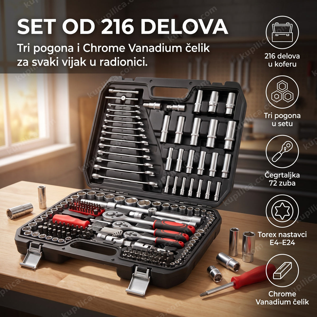 Set nasadnih ključeva sa 216 delova otvoren u koferu za radionicu
