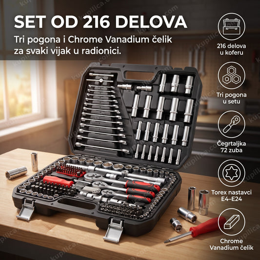 Set nasadnih ključeva sa 216 delova otvoren u koferu za radionicu