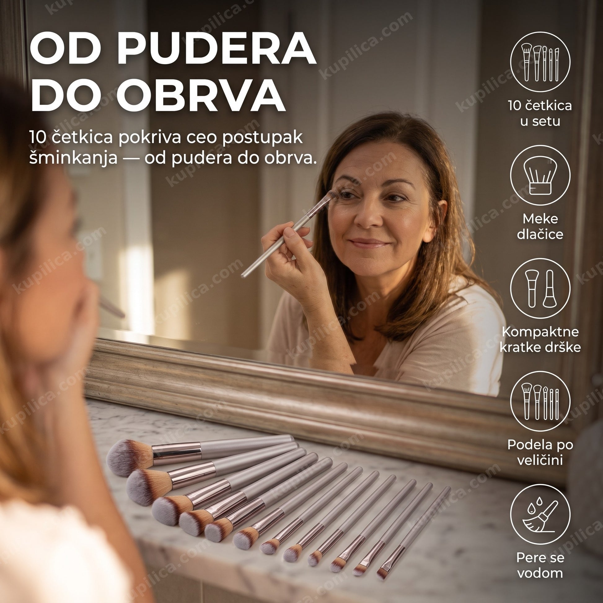 set od 10 četkica za šminkanje — žena nanosi puder i senke kod kuće, komplet za lice, oči i obrve