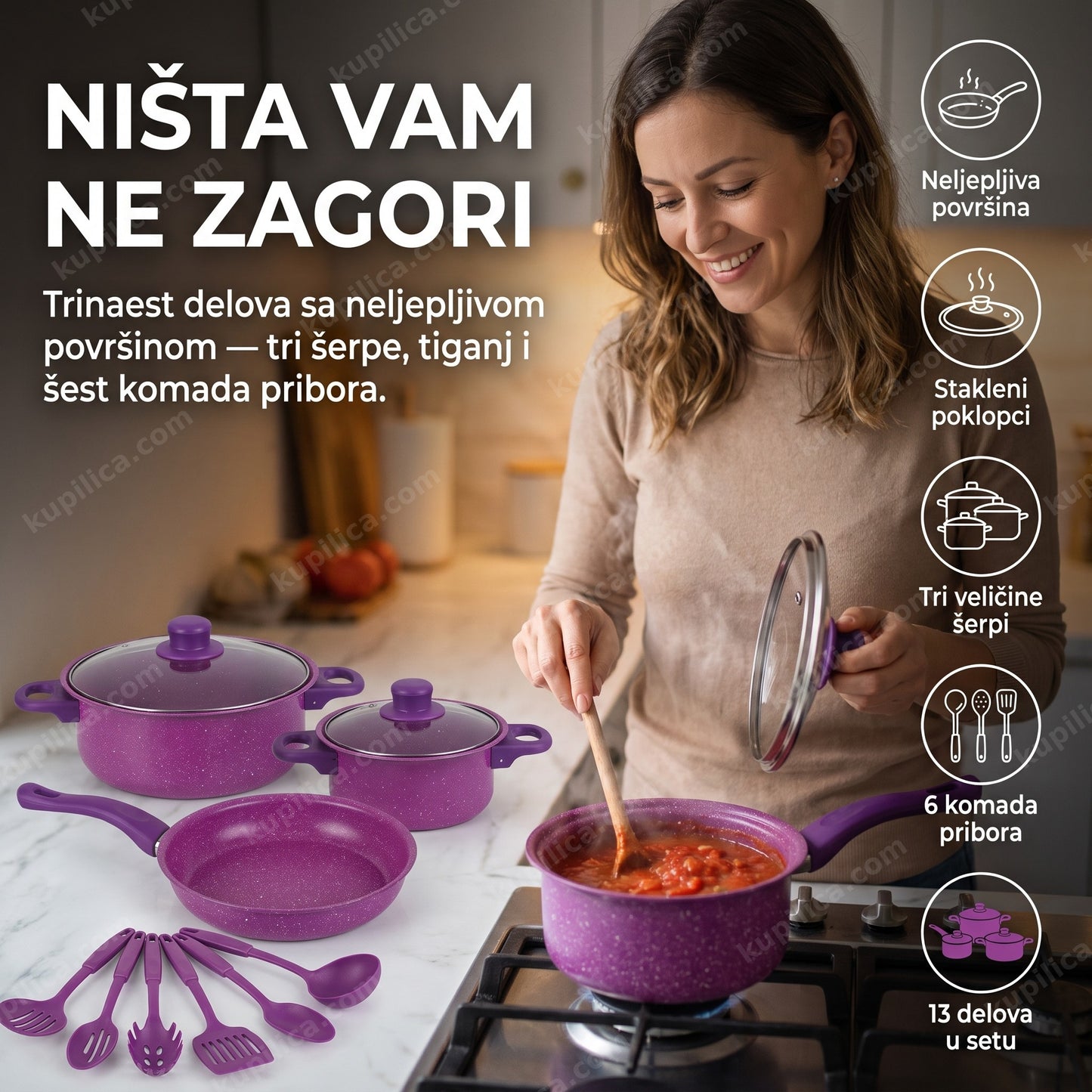 set posuđa 13 delova — žena kuva u ljubičastoj šerpi sa staklenim poklopcem, neljepljiva površina
