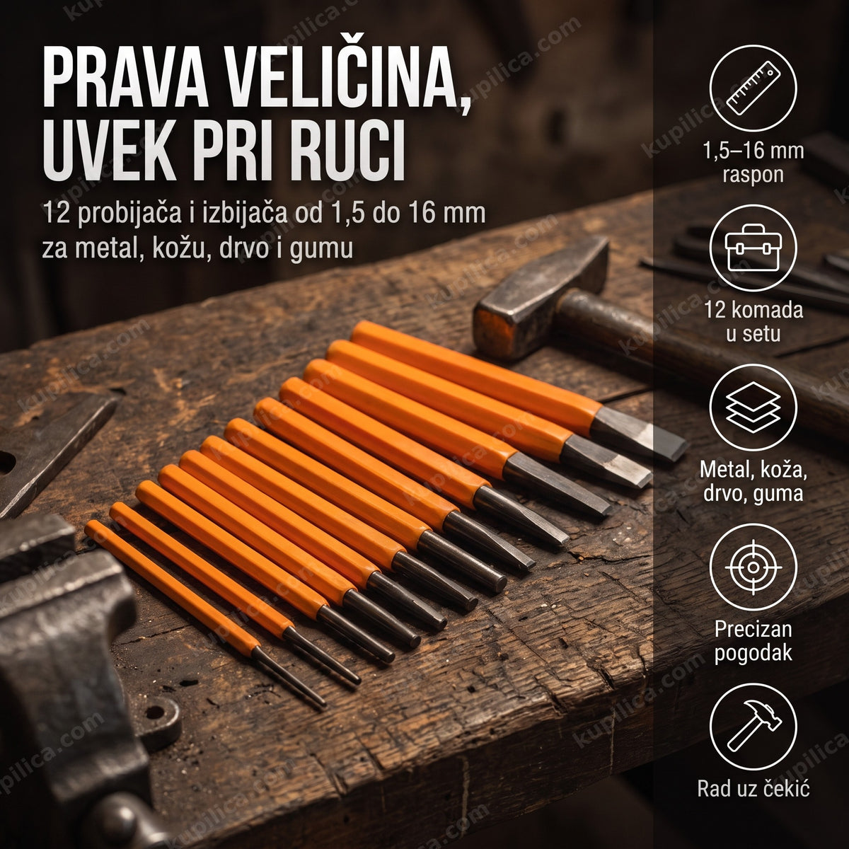 set probijača i izbijača 12 komada — dvanaest probijača poređanih po veličini na radnom stolu