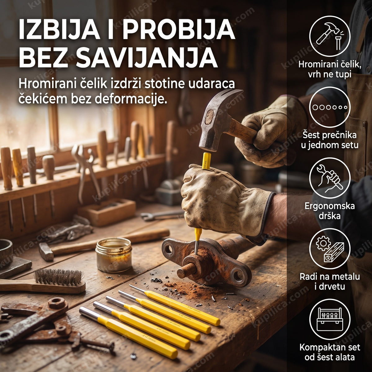 set probijača i izbijača sa žutim drškama u upotrebi u radionici, benefiti proizvoda