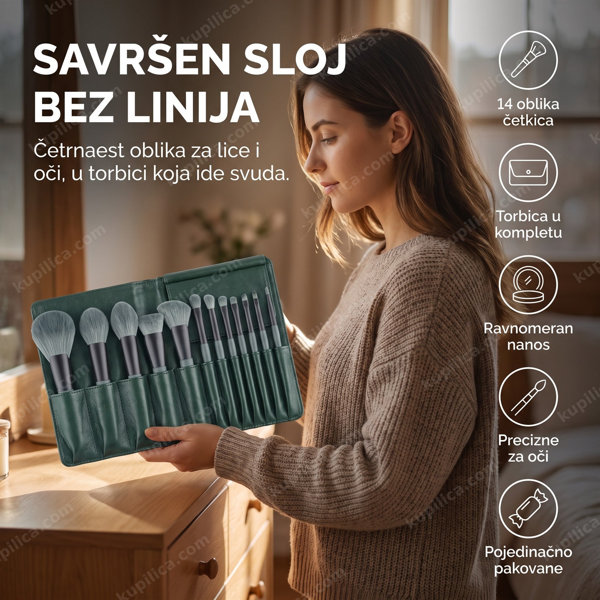 set profesionalnih četkica za šminku — žena drži otvorenu torbicu sa 14 četkica, gusta vlakna za ravnomeran nanos pudera