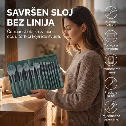 set profesionalnih četkica za šminku — žena drži otvorenu torbicu sa 14 četkica, gusta vlakna za ravnomeran nanos pudera
