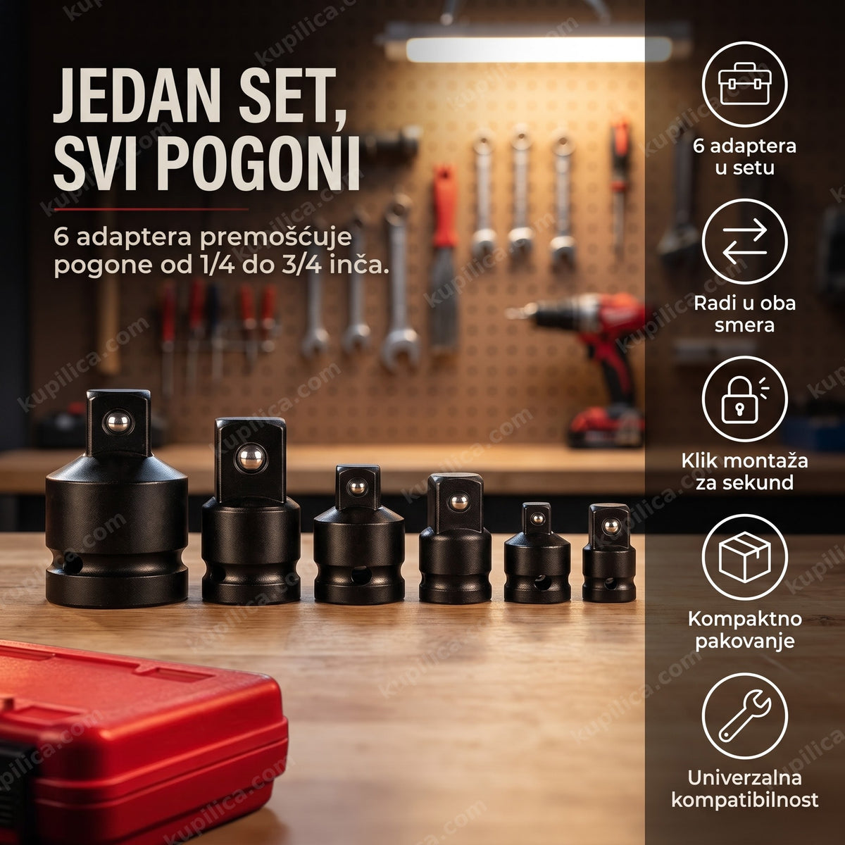 set reducira za gedore 6 komada — šest crnih adaptera poređanih po veličini pogona