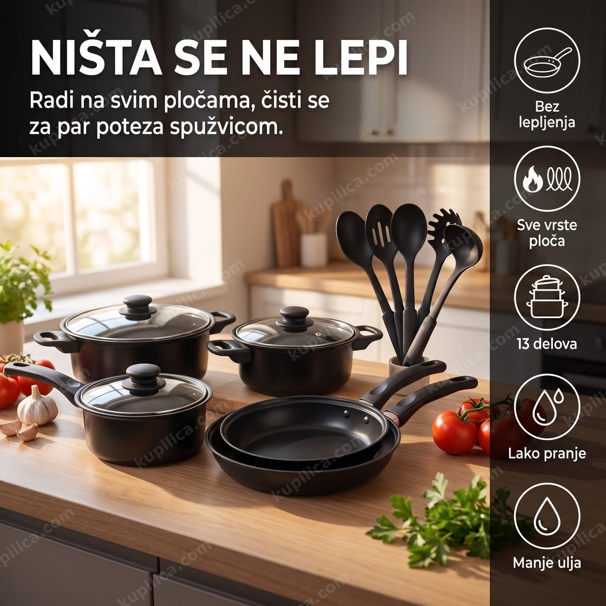 set šerpi 13 delova — komplet posuđa sa neprijanjajućim premazom na kuhinjskom stolu