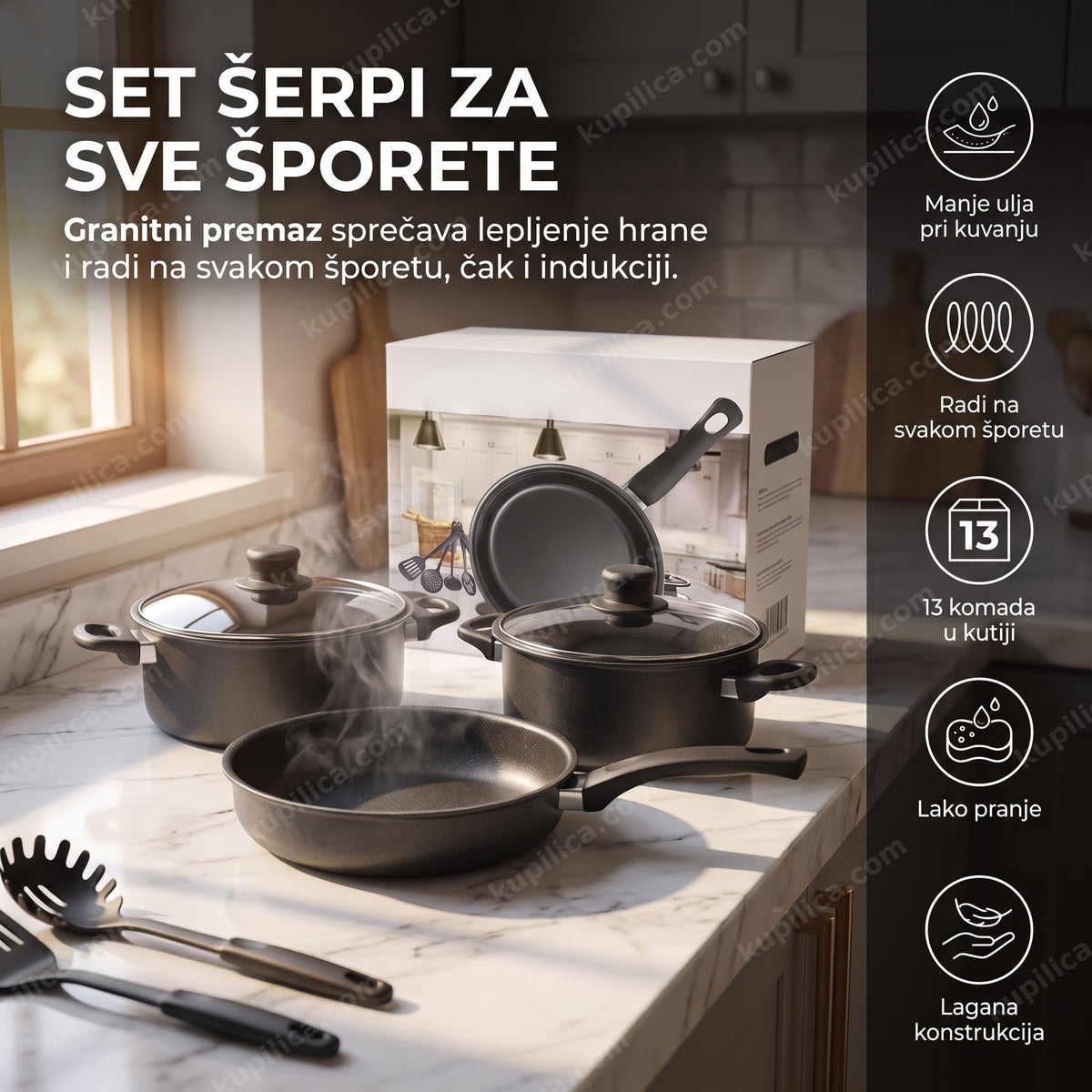 set šerpi sa granitnim premazom poređan na kuhinjskom šanku sa kutijom i priborom, benefiti proizvoda