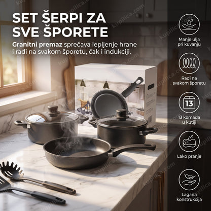 set šerpi sa granitnim premazom poređan na kuhinjskom šanku sa kutijom i priborom, benefiti proizvoda