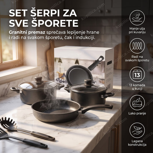 set šerpi sa granitnim premazom poređan na kuhinjskom šanku sa kutijom i priborom, benefiti proizvoda