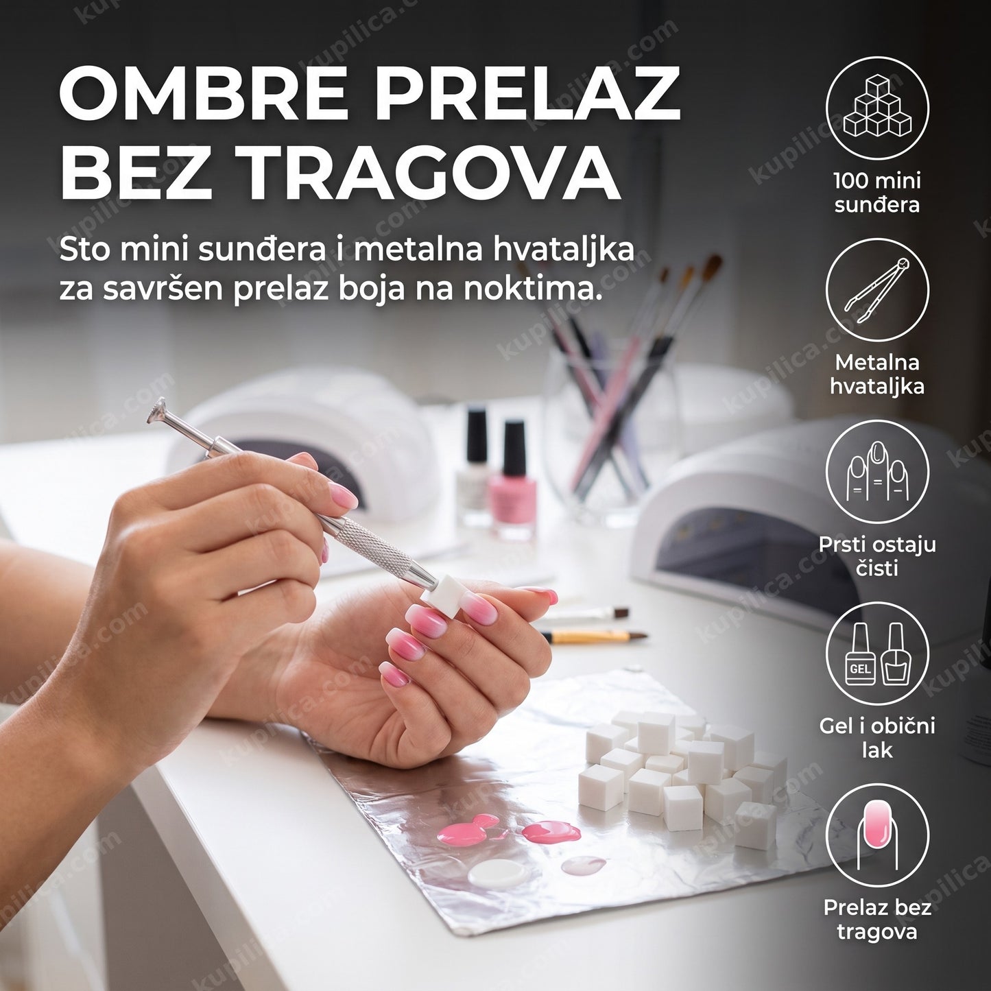 set sunđera za ombre nokte — žena tapka sunđer metalnom hvataljkom za prelaz boja na noktu, 100 mini sunđera