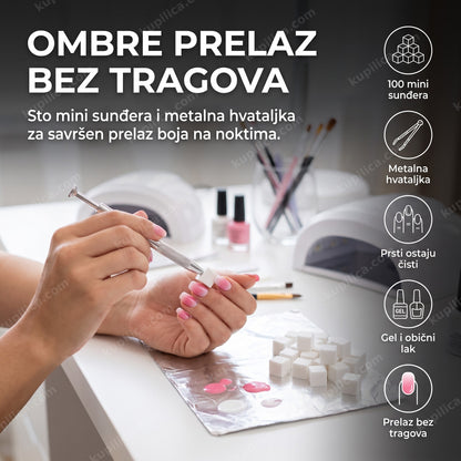 set sunđera za ombre nokte — žena tapka sunđer metalnom hvataljkom za prelaz boja na noktu, 100 mini sunđera