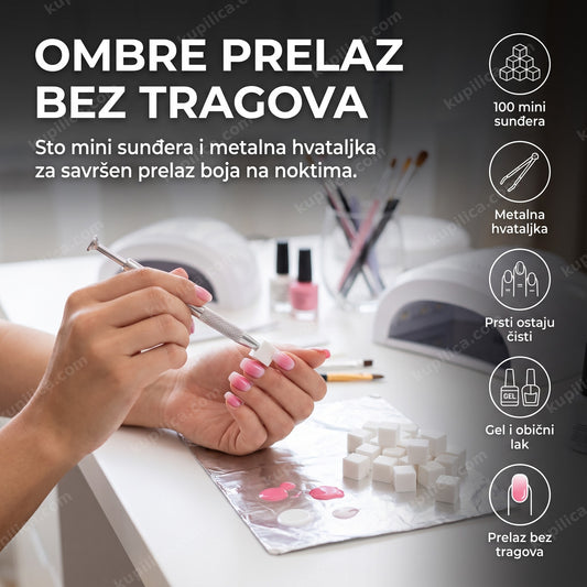 set sunđera za ombre nokte — žena tapka sunđer metalnom hvataljkom za prelaz boja na noktu, 100 mini sunđera