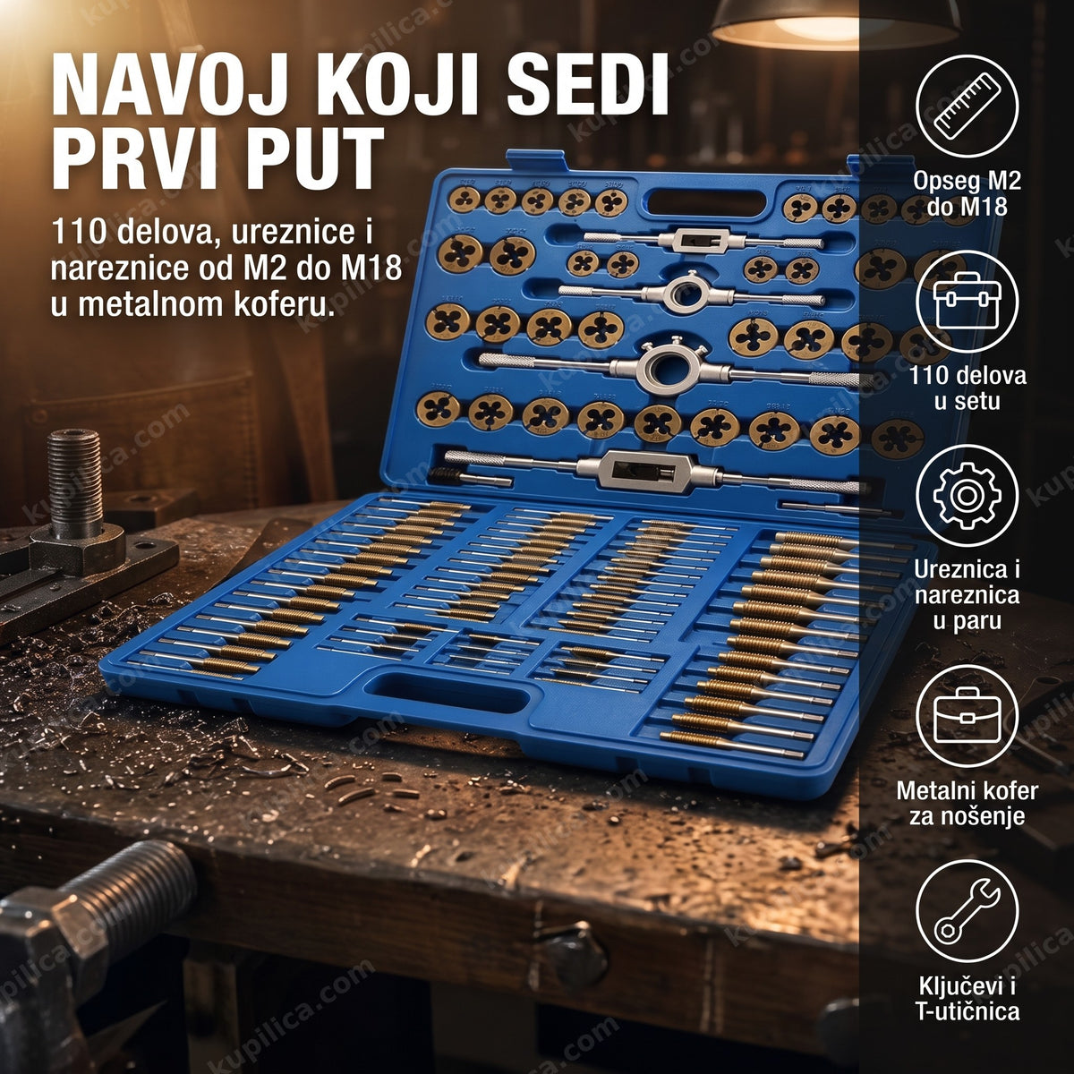 set ureznica i nareznica 110 delova — otvoren metalni kofer sa ureznicama i nareznicama M2 do M18