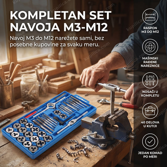 set ureznica i nareznica 40 delova pravi navoj na metalnoj šipki u radionici, benefiti proizvoda