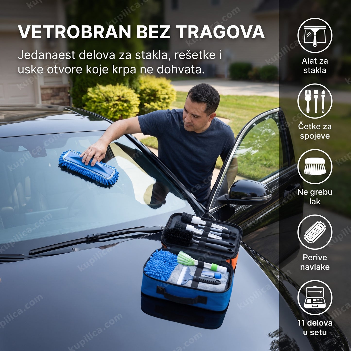 set za čišćenje automobila 11 delova — muškarac čisti unutrašnju stranu vetrobrana mikrofiber alatom, četke za rešetke i ventilacione otvore