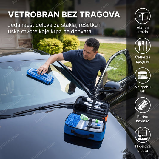 set za čišćenje automobila 11 delova — muškarac čisti unutrašnju stranu vetrobrana mikrofiber alatom, četke za rešetke i ventilacione otvore