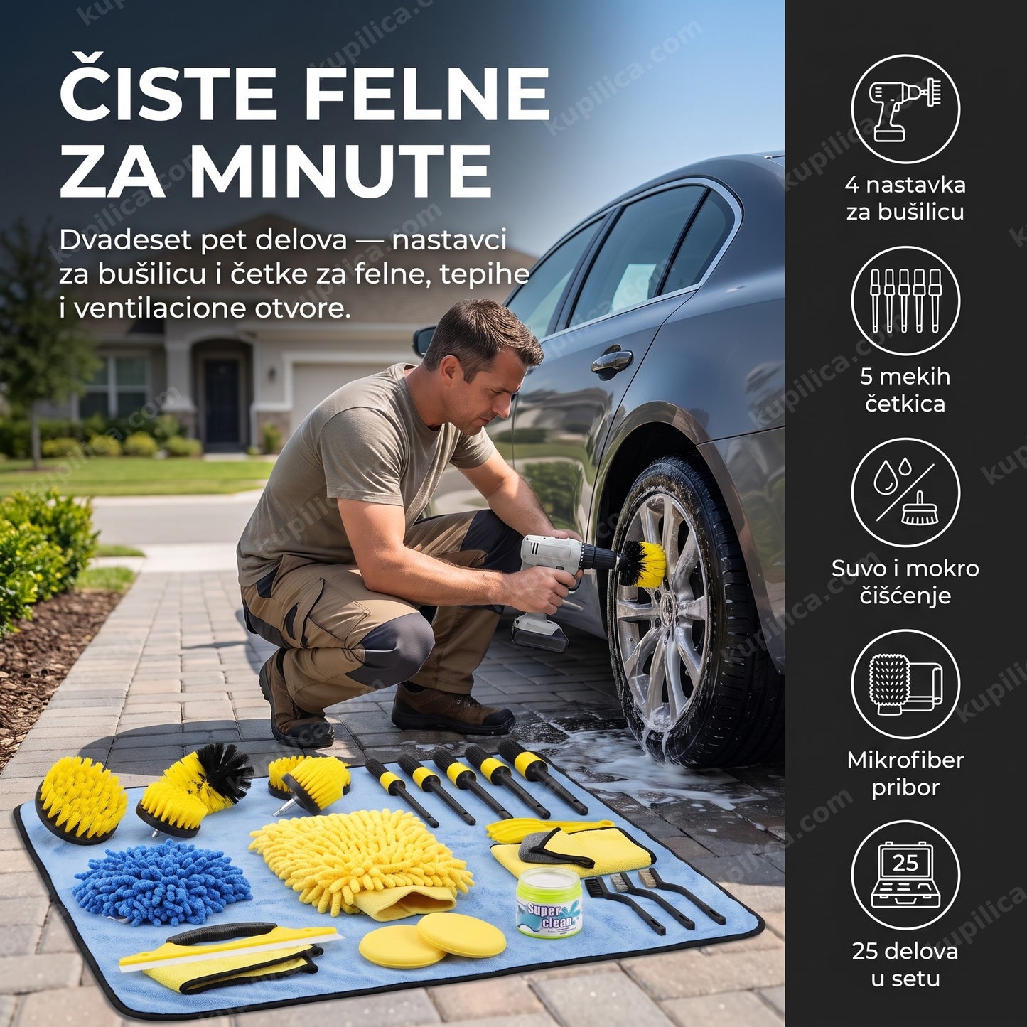 set za čišćenje automobila 25 delova — muškarac čisti felnu nastavkom za bušilicu, 5 mekih četkica za enterijer