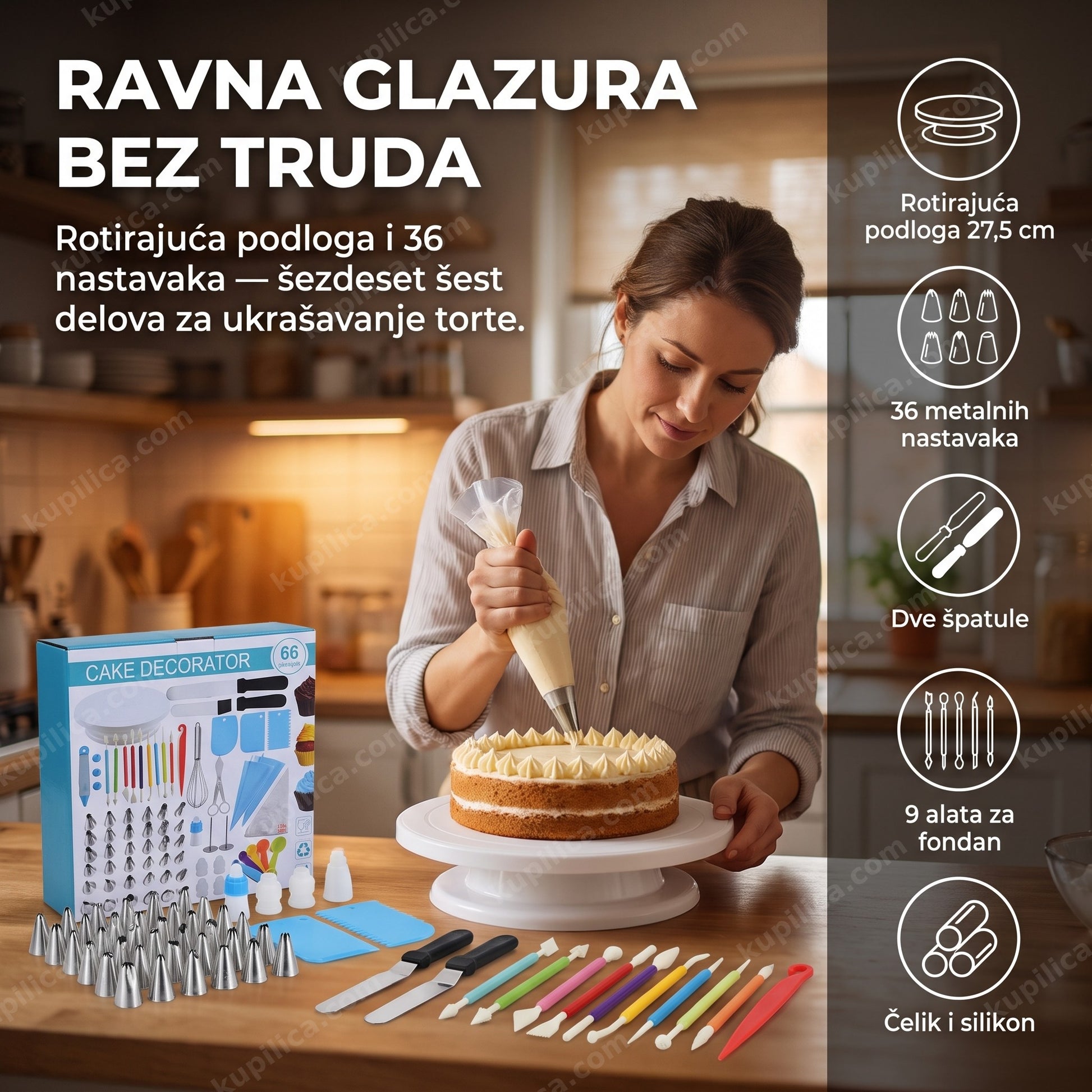 set za dekoraciju torti 66 delova — žena špricuje kremu na rotirajućoj podlozi, 36 metalnih nastavaka
