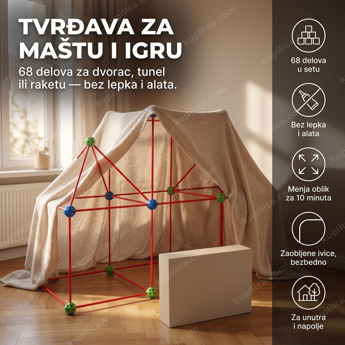 set za gradnju tvrđave od 68 delova sastavljen u dnevnoj sobi bez dece, benefiti proizvoda