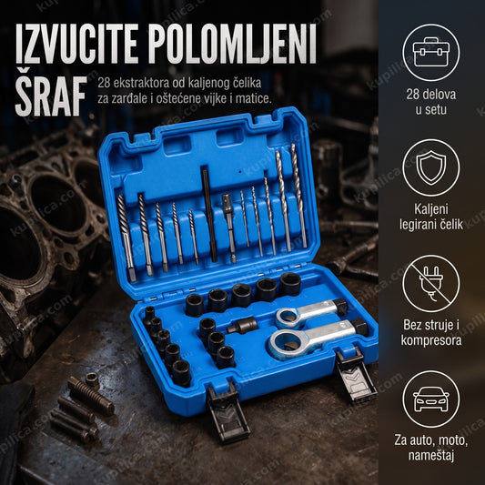 set za izvlačenje šrafova 28 delova — otvorena kutija sa ekstraktorima i nastavcima