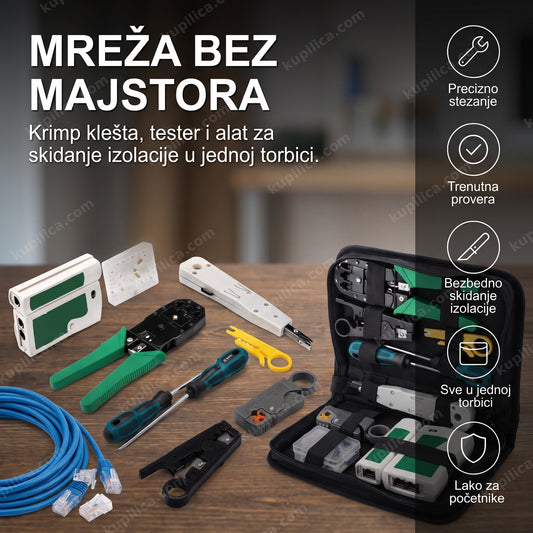 set za krimpovanje mrežnih kablova sa testerom u crnoj torbici
