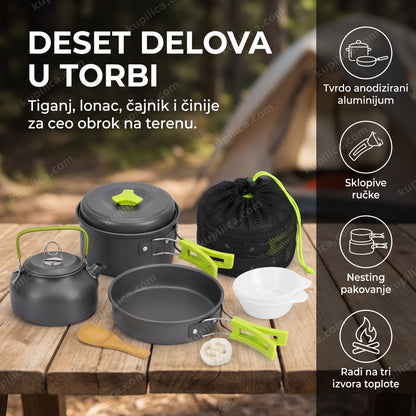 aluminijumski set za kuvanje u prirodi poređan na kamp stolu pored torbe, benefiti proizvoda