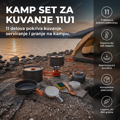 Kamp set za kuvanje u prirodi raspoređen na kamenu pored šatora, benefiti proizvoda