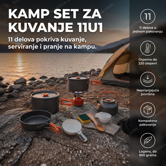 Kamp set za kuvanje u prirodi raspoređen na kamenu pored šatora, benefiti proizvoda