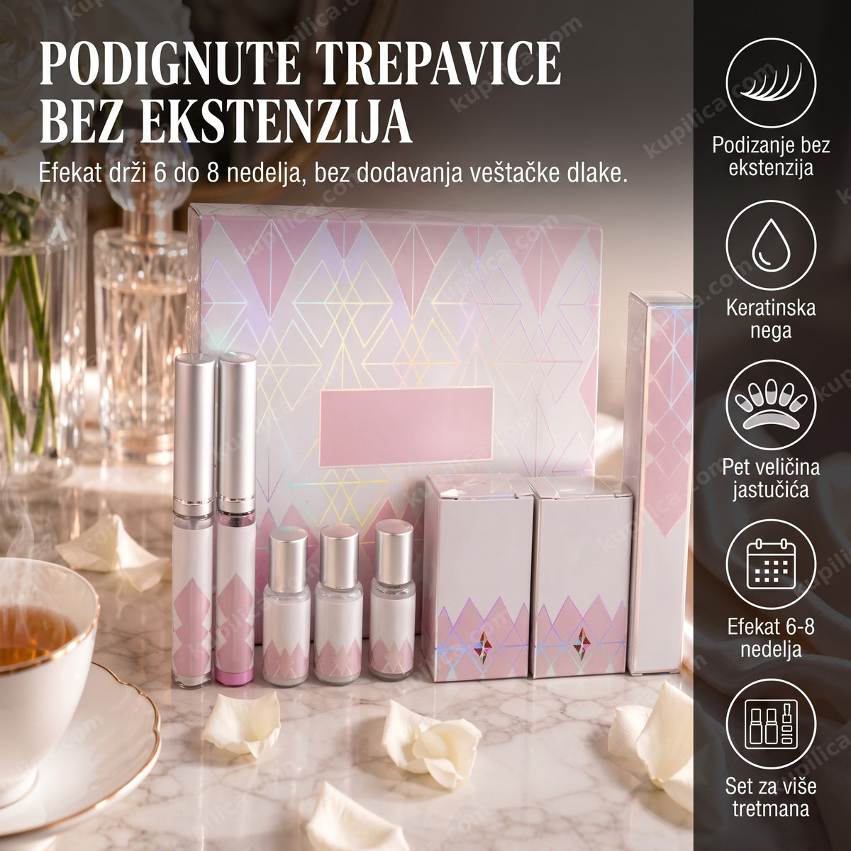 Set za lash lift trepavica otvoren na kozmetičkom stočiću, bočice bez etiketa