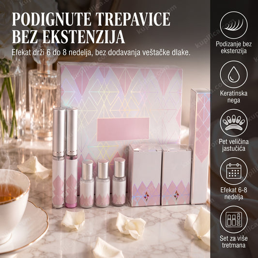 Set za lash lift trepavica otvoren na kozmetičkom stočiću, bočice bez etiketa