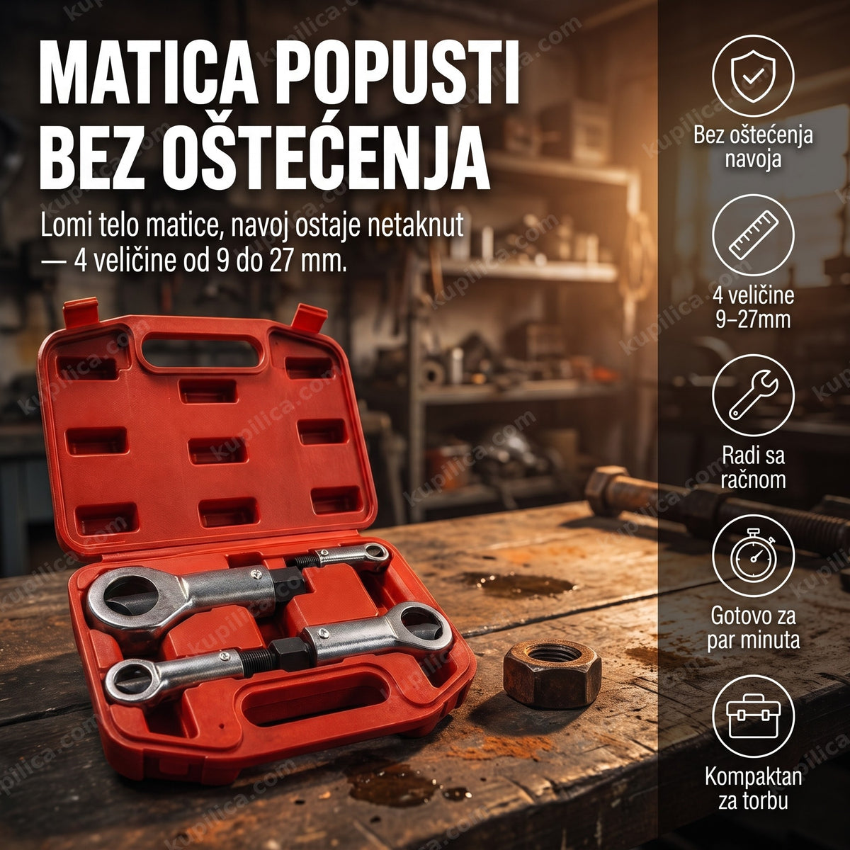 set za lomljenje matica — crveni kofer sa četiri alata za lomljenje zapečenih matica