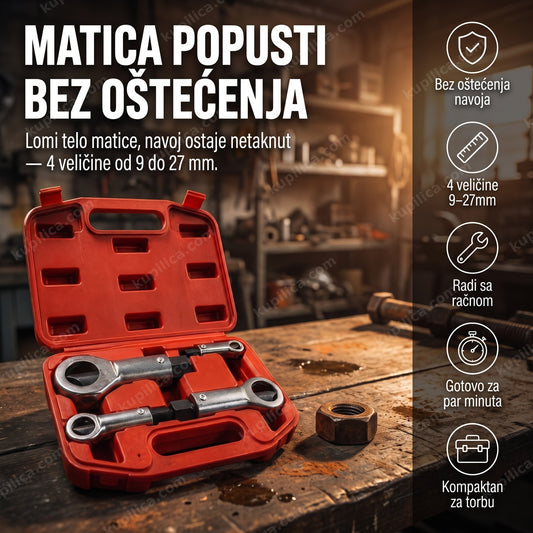 set za lomljenje matica — crveni kofer sa četiri alata za lomljenje zapečenih matica