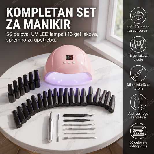 Set za manikir razložen na stolu sa lampom i gel lakovima