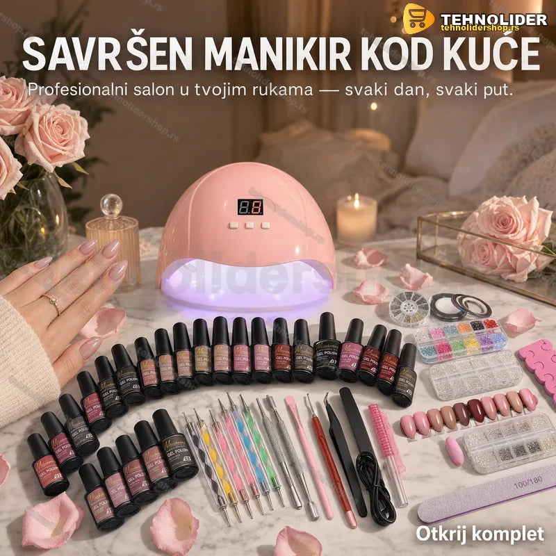 set za manikir Misscheering 56 delova — UV LED lampa i gel lakovi u kutiji