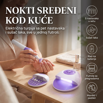 set za manikir sa sušačem za nokte — žena koristi električnu turpiju sa pet nastavaka, futrola sa pregradama