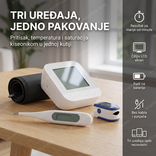 set za merenje zdravlja 3u1 sa aparatom za pritisak, toplomerom i oksimetrom