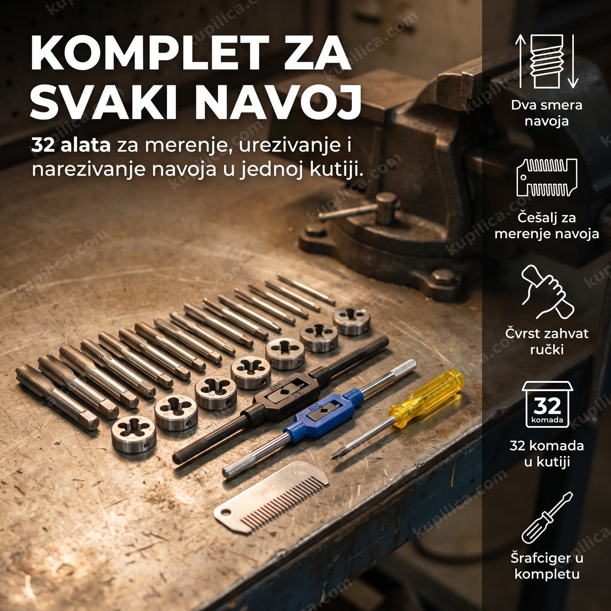 set za narezivanje navoja rasprostrt na metalnoj radionoj klupi, benefiti proizvoda