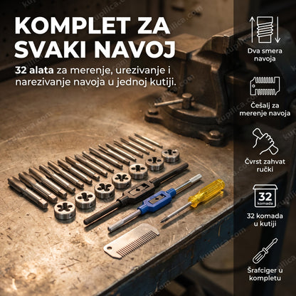 set za narezivanje navoja rasprostrt na metalnoj radionoj klupi, benefiti proizvoda