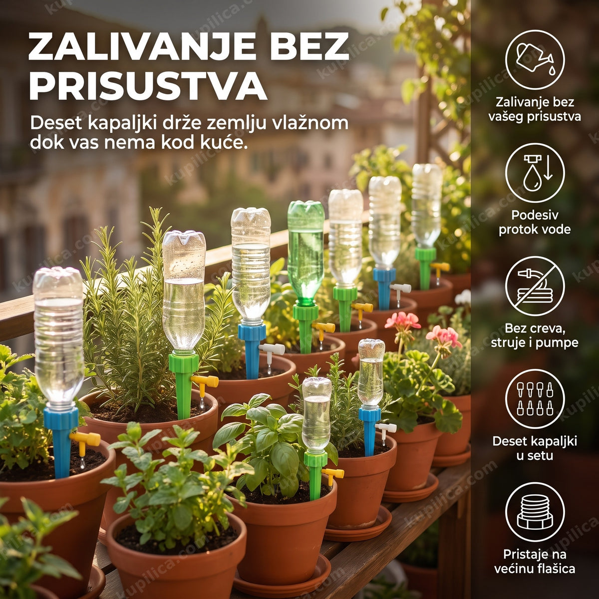 set za navodnjavanje biljaka kap po kap postavljen na saksije na terasi, benefiti proizvoda