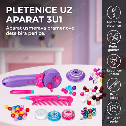 set za pletenice sa perlicama, ljubičastim aparatom i roze češljem na belom stolu