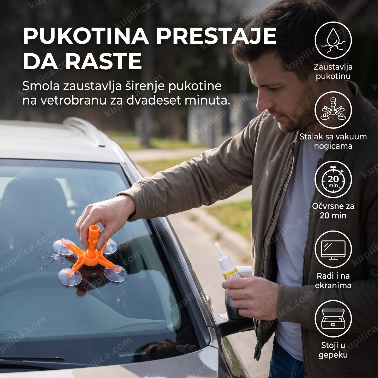 set za popravku auto stakala sa smolom — muškarac popravlja pukotinu na vetrobranu stalkom sa vakuum nogicama