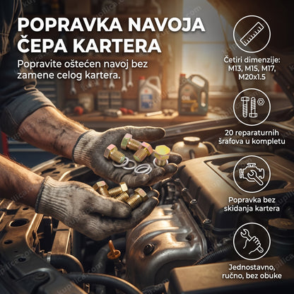 Set za popravku navoja čepa kartera u radionici sa mehaničarem koji drži reparaturne šrafove - benefiti proizvoda