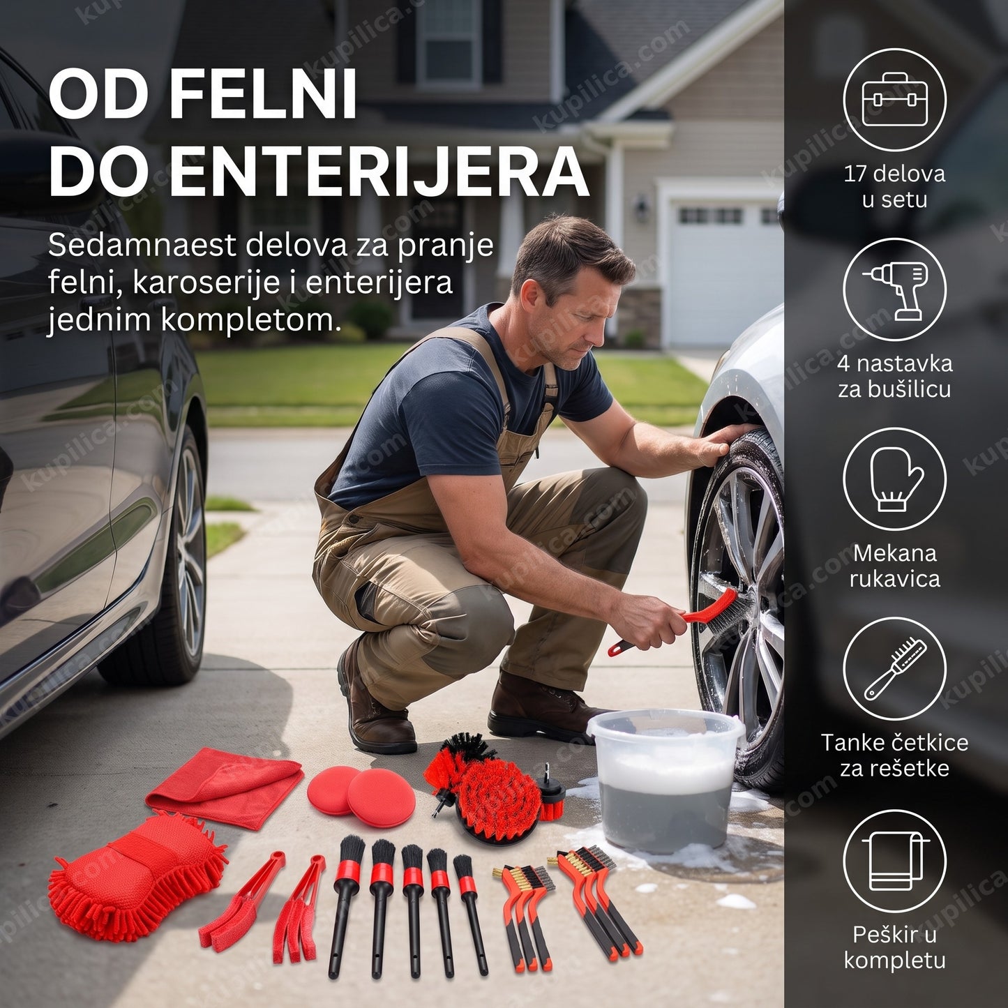 set za pranje automobila 17 delova — muškarac čisti felnu žičanom četkom pored kofe sa vodom, 17 delova u kompletu