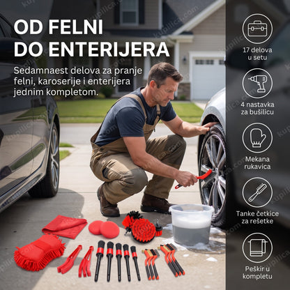 set za pranje automobila 17 delova — muškarac čisti felnu žičanom četkom pored kofe sa vodom, 17 delova u kompletu