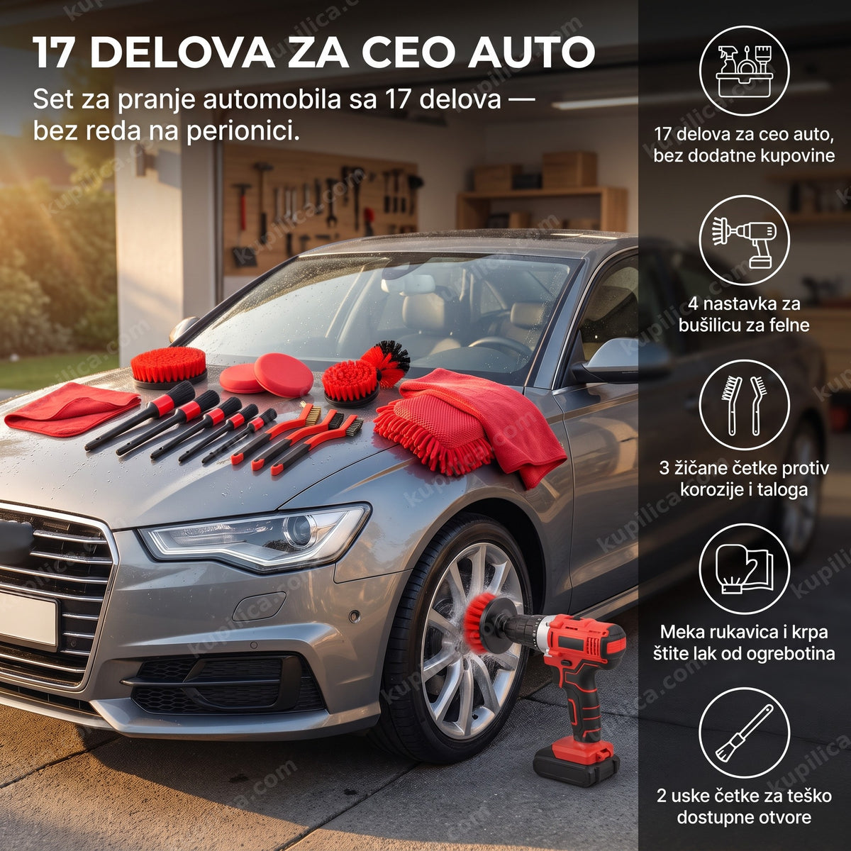 set za pranje automobila sa 17 delova, četke i nastavci za bušilicu, benefiti proizvoda