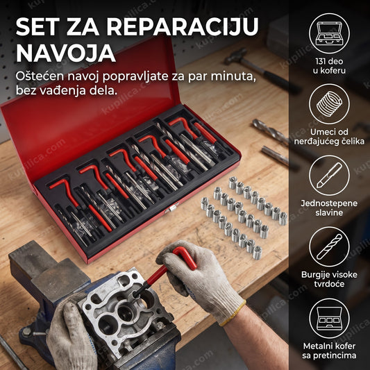 Set za reparaciju navoja u otvorenom koferu, burgije i ureznici uredno poređani