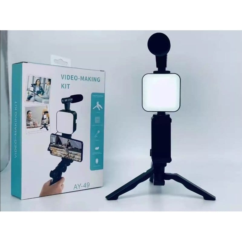kutija video-making kit ay-49 pored sastavljenog stalka sa led svetlom