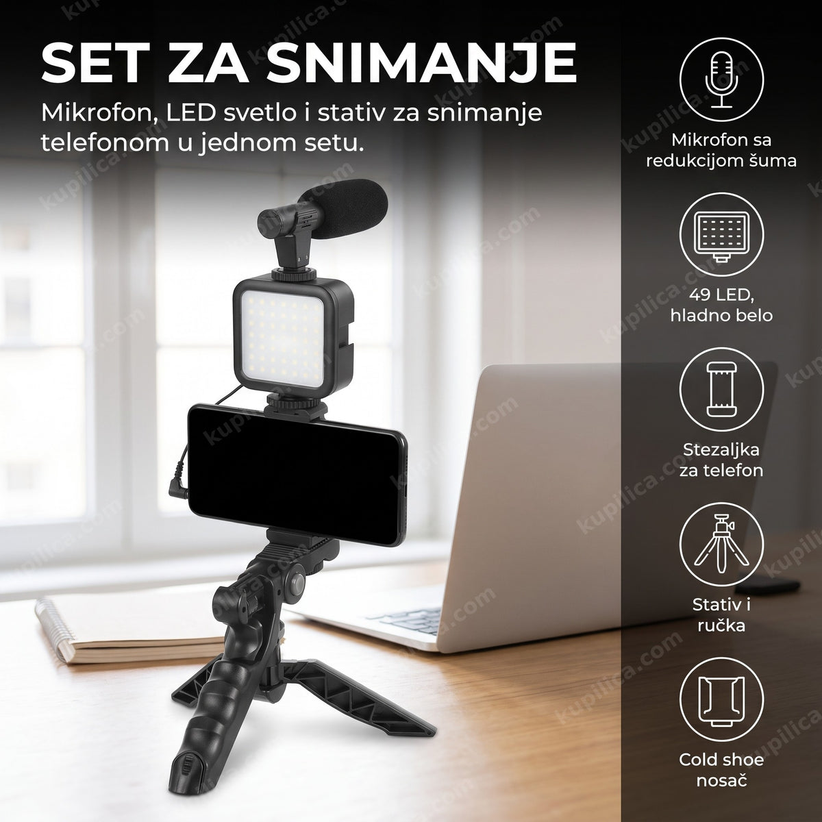 Set za snimanje sa mikrofonom i LED svetlom na stolu vlogera, prikaz benefiti