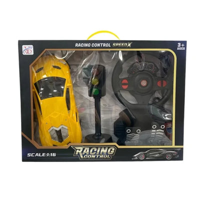 Set za trku sa volanom i pedalama Racing Control — žuti auto, crni volan i semafor